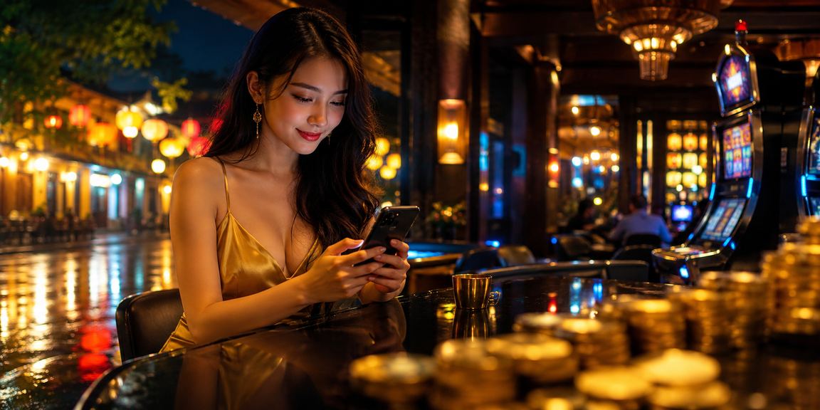 Người dùng trải nghiệm casino trực tuyến trên điện thoại tại quán cà phê Hội An